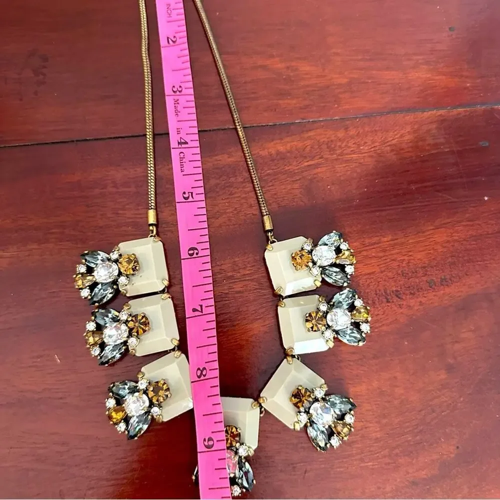 J Crew Necklace Statement Brass Square Stones Gray Neutral Earth tone CZ Chunky